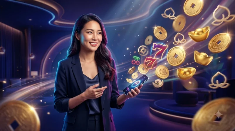 Giao diện slot Phúc Lộc Thọ cách điệu với đồng xu, thỏi vàng và quả đào