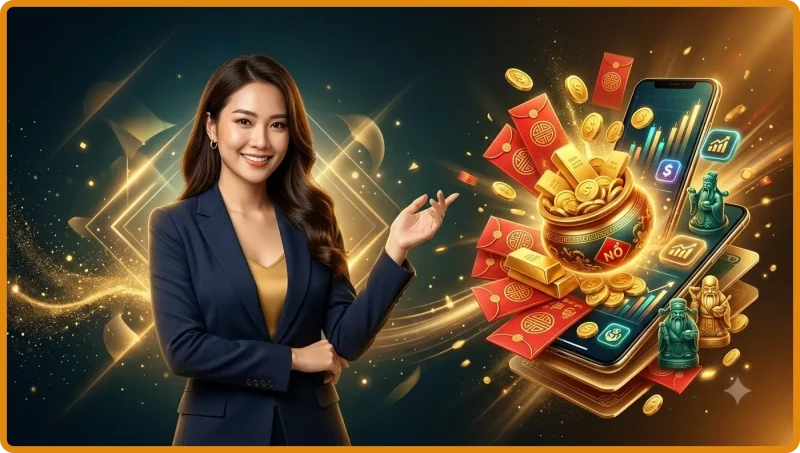 Giao diện slot Phúc Lộc Thọ cách điệu với đồng xu, thỏi vàng và quả đào